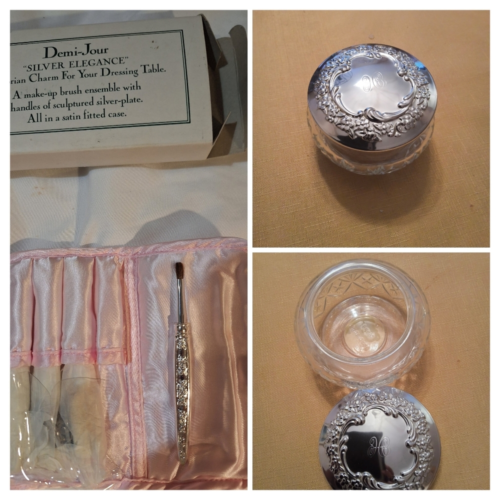 Collector's Items.Maching Set Of Mini Makeup BrusSet & Covered Glass Bowl
